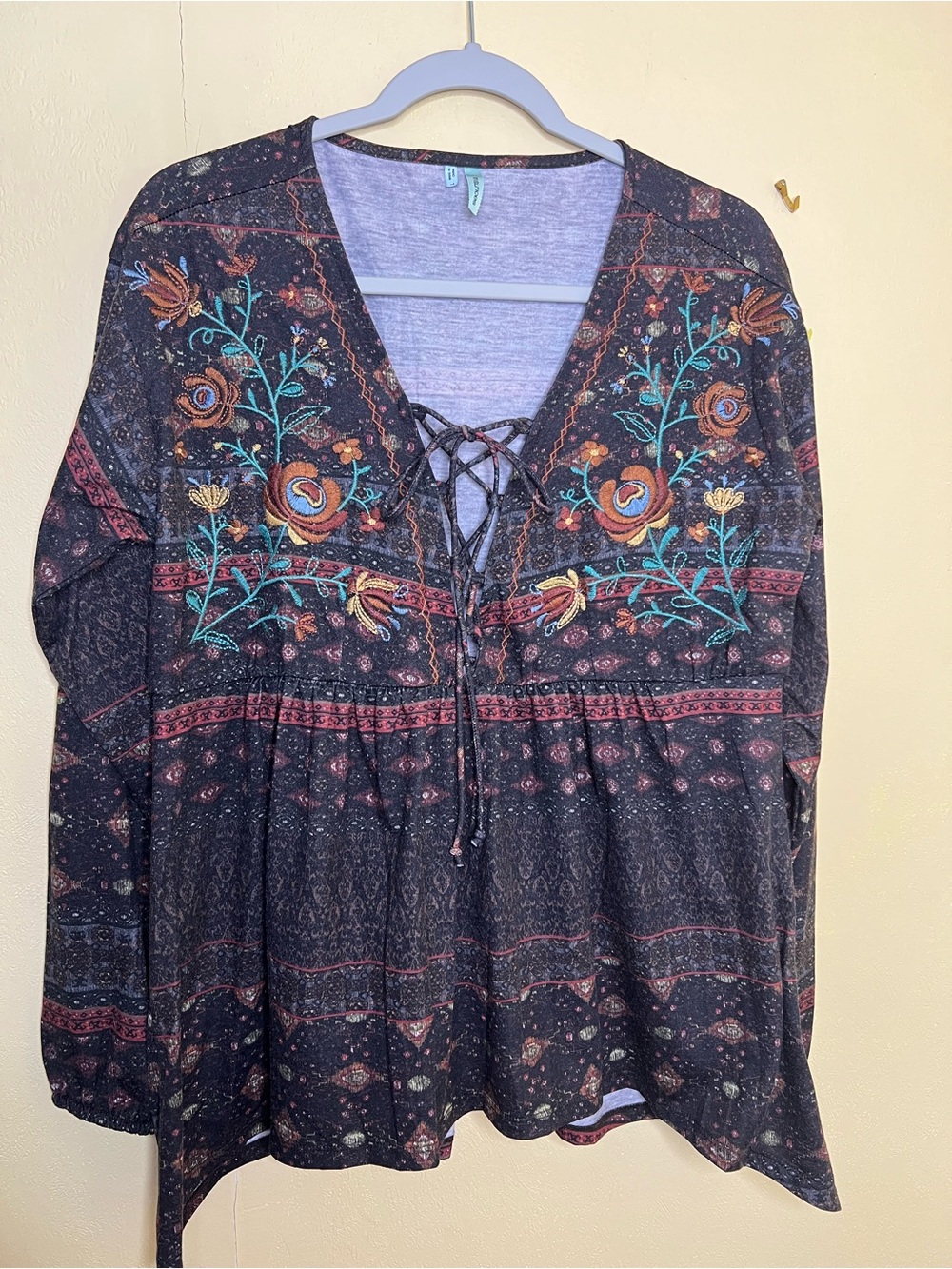 Maurices Black Embroidered Lace-Up Boho Tunic